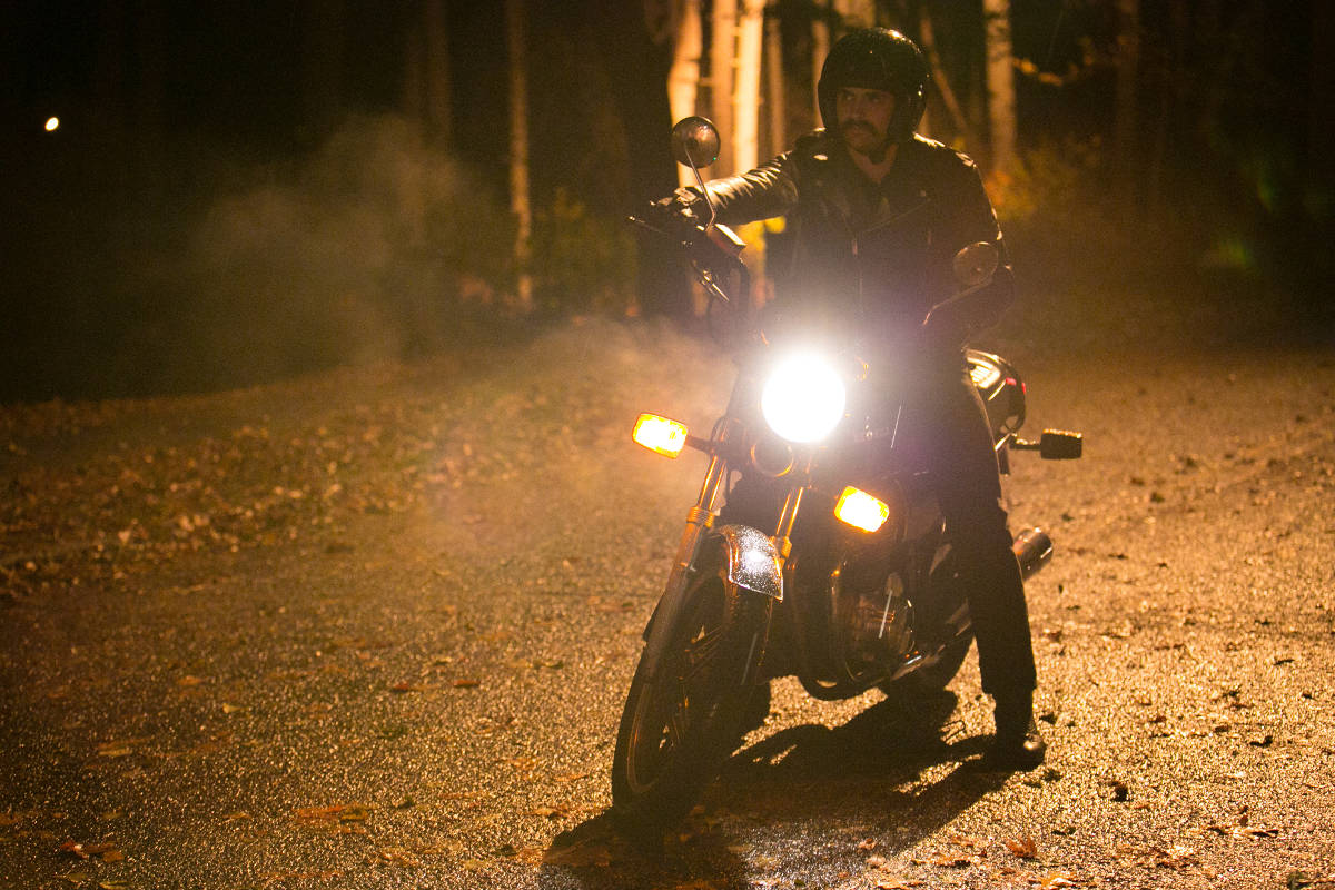 One of the production's vintage 1980 Honda 650 motorcycles sees it's last moments of pristine beauty as Walter Vincent rides it on set prior to his crash scene.